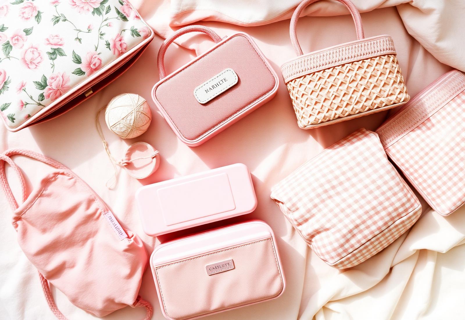 A soft collage of Pretties hand crafted floral pouches, lunch boxes and baskets